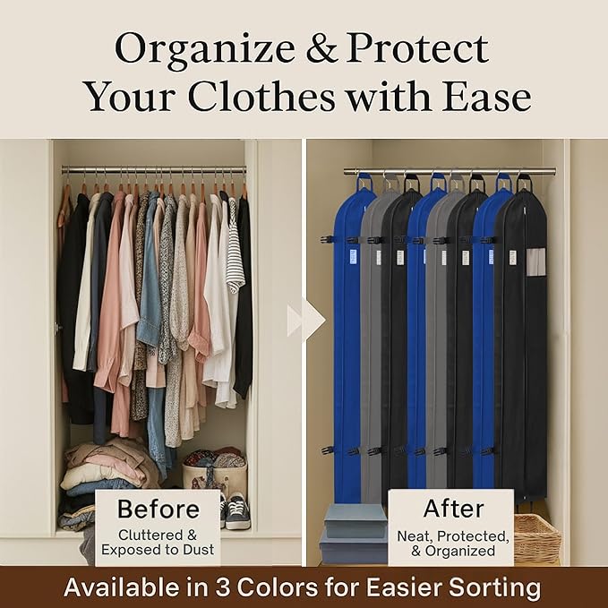 Party Bargains Garment Bag 59-Inch – Non-Woven Hanging Clothes Storage Cover for Suits, Dresses & Coats, Zippered for Closet or Travel (Black)