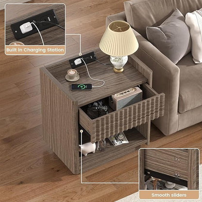 Bigbiglife Fluted Nightstand Set of 2 with Charging Station, 22" Modern Side Table with Drawer End Table with Open Storage, Bedside Table for Bedroom, Living Room, Natural Oak (2, Dark Walnut)