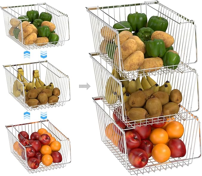 Wire Storage Baskets Stackable Organizer Basket Bins Stacking Household Wire Baskets with Handles Storage Organization for Kitchen, Pantry, Bathroom, Cabinets, Closets, Bedrooms, Set of 2