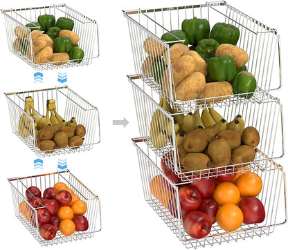 Wire Storage Baskets Stackable Organizer Basket Bins Stacking Household Wire Baskets with Handles Storage Organization for Kitchen, Pantry, Bathroom, Cabinets, Closets, Bedrooms, Set of 2