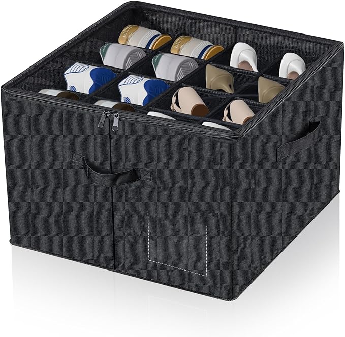 PAKISOU Shoe Storage Organizer, Fits 16 Pairs, Closet Shoe Box with Adjustable Dividers & Transparent Lid, Foldable Fabric Shoe Container with Handles for Space-Saving Shoe Storage (Black)