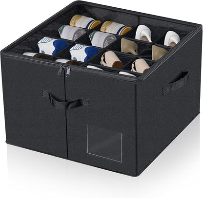 PAKISOU Shoe Storage Organizer, Fits 16 Pairs, Closet Shoe Box with Adjustable Dividers & Transparent Lid, Foldable Fabric Shoe Container with Handles for Space-Saving Shoe Storage (Black)