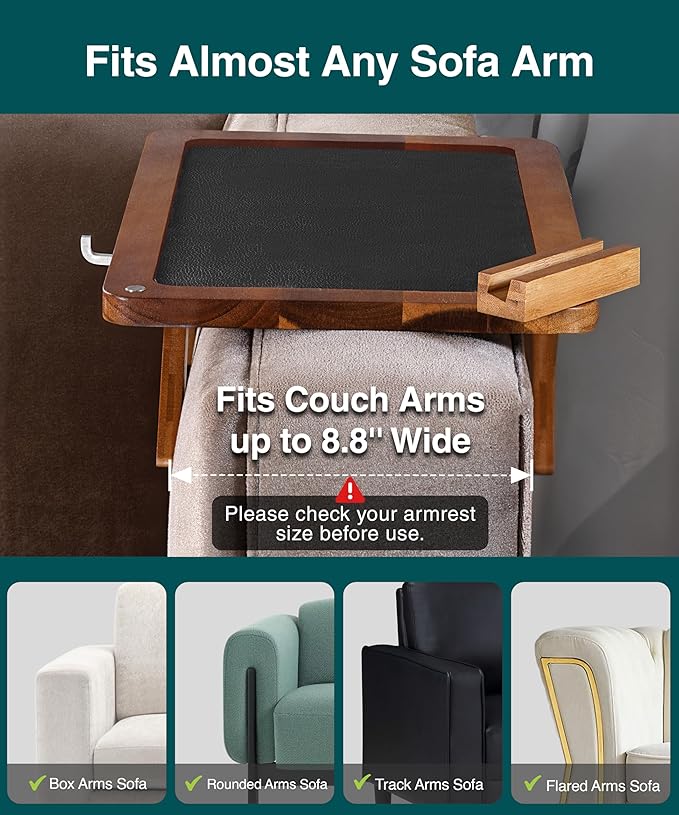 Acacia Couch Arm Tray Table – Fits Most of The Sofa Arms, 3 in 1 Adjustable Couch Arm Table with 360° Rotating Phone Holder, Wire Holder & Non-Slip Mat – Perfect Sofa Tray for Snacks & Coffee