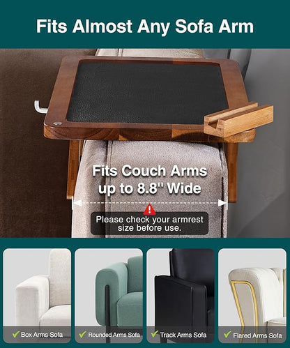 Acacia Couch Arm Tray Table – Fits Most of The Sofa Arms, 3 in 1 Adjustable Couch Arm Table with 360° Rotating Phone Holder, Wire Holder & Non-Slip Mat – Perfect Sofa Tray for Snacks & Coffee