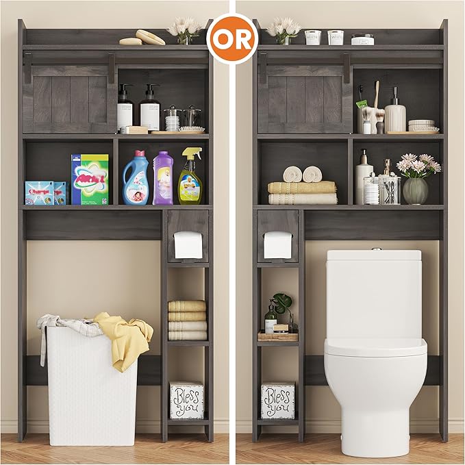 Semoic Over The Toilet Storage Cabinet, Over The Toilet Shelf with Sliding Door & Toilet Paper Holder Stand, Bathroom Above Toilet Storage, Home Space-Saving Toilet Rack for Bathroom, Restroom, Grey