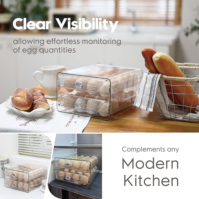 Sea Team Clear Plastic Egg Holder for Fridge, Stackable Refrigerator Egg Container with 2 Removable Trays, Dispenser for Kitchen Storage and Organizer
