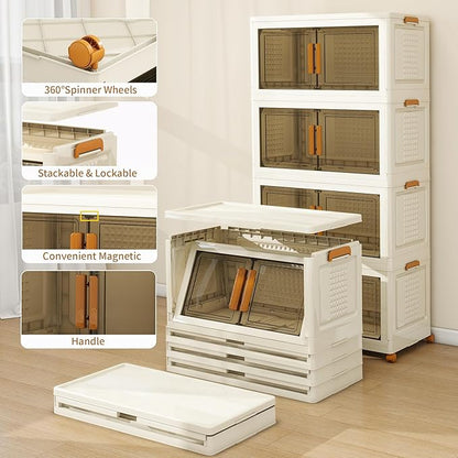 Vavkorkula Plastic Stackable Storage Bins with Lids and Wheels, 148.8QT-37.2QT*4Tier Foldable Storage Containers and Collapsible Clear Storage Cabinet with Doors Ivory White