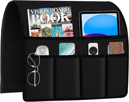 Guken Linen Armchair Caddy Remote Holder for Recliner Couch, Arm Chair Caddies Couch Remote Organizer Bedside Caddy with 6 Pocket Storage for Magazine, Tablet, Phone, iPad and More, Black