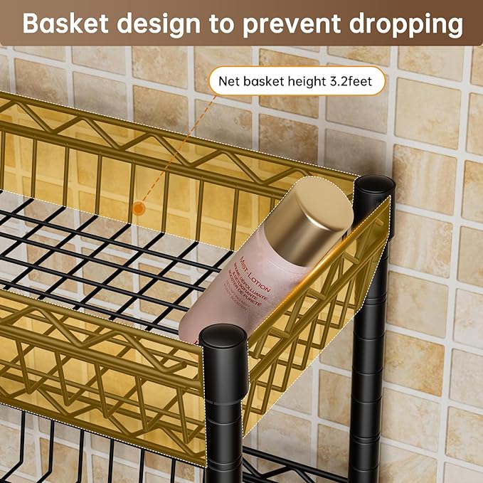 Golpart 3-Tier Over-The-Toilet Storage Shelf,Heavy-Duty Adjustable Bathroom Rack with 2 Mesh Baskets,Toilet Paper Holder & Hooks,Space-Saving Organizer for Bathroom,10”D x 24”W x 66”H,Black
