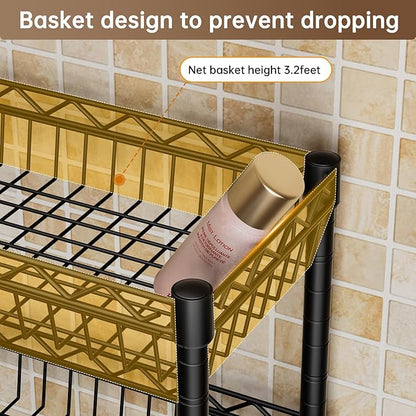 Golpart 3-Tier Over-The-Toilet Storage Shelf,Heavy-Duty Adjustable Bathroom Rack with 2 Mesh Baskets,Toilet Paper Holder & Hooks,Space-Saving Organizer for Bathroom,10”D x 24”W x 66”H,Black