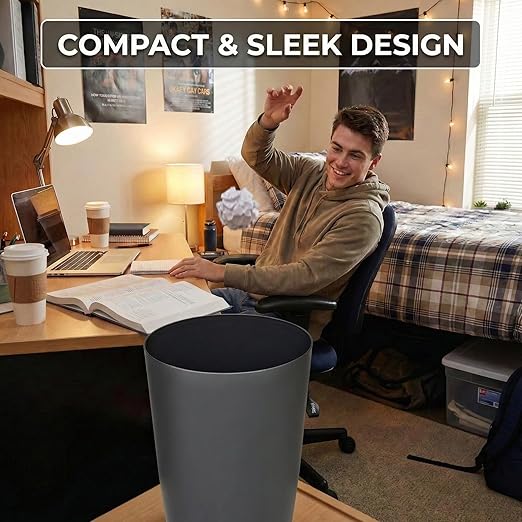 Mini Waste Basket - Pack of 2 Durable Small Plastic Garbage Trash Can Bin - Lidless Open-Top, Slim Profile for Compact Spaces - Suitable for Home, Bathroom, Office, Bedroom & More, Grey