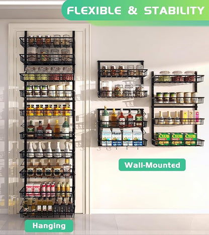 10-Tier Over The Door Pantry Organizer, Pantry Organization and Storage, Black Metal Hanging Adjustable Basket, Wall Spice Rack Seasoning Shelves, Home & Kitchen Essentials