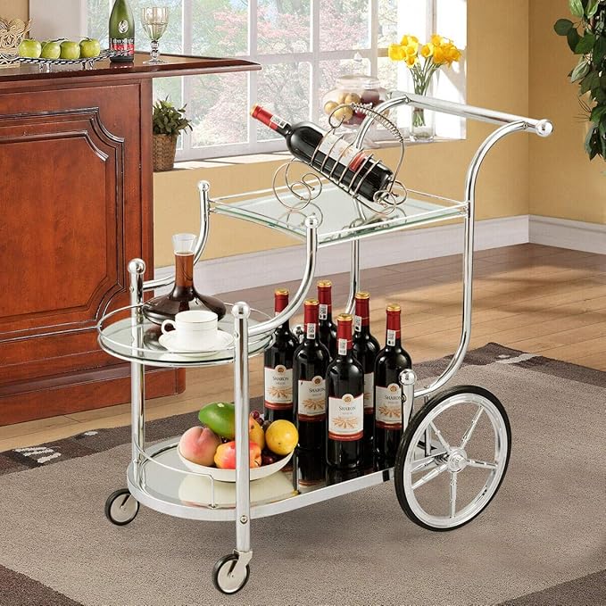DORTALA Rolling Serving Cart, 3-Tier Metal Bar Cart with Tempered Glass, 4 Wheels Tea Serving Bar Cart for Livingroom, Kitchen, Silver
