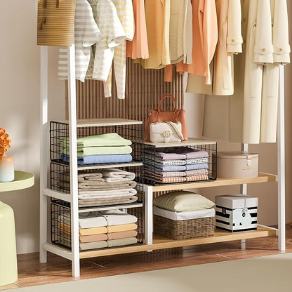 Wider Stackable Closet Organizers and Storage with Wood Top, 3 Pack Closet Shelf Organizer, Space-Saving Clothes Storage Bins for Wardrobe & Bedroom & Small Spaces, Sturdy Metal Black