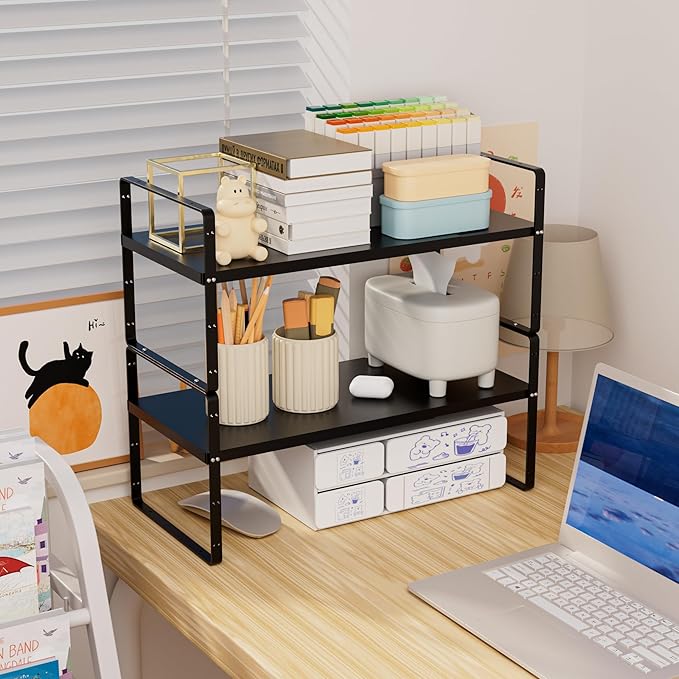 WEJIPP Cabinet Organizer Shelves,Expandable Spice Racks in Cabinet,Countertop Cupboard Pantry Shelves,Adjustable Storage Racks for Kitchen Bathroom Under Sink,2 Packs,8.07" D,Black