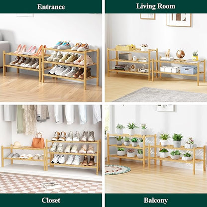 Smiry Bamboo Shoe Rack for Closet, 4 Tier Wooden Stackable Shoe Organizer, Free Standing Shoes Storage Shelf for Entryway, Front Door Entrance, Natural & White