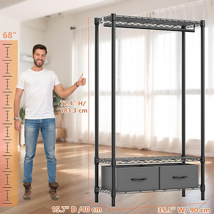 Heavy Duty Rolling Garment Rack 3 Tiers Adjustable Wire Shelving with Rod, Storage Closet Clothing Rack with Drawers Dark Grey, 15.8" D x 35.5" W x 72.4" H