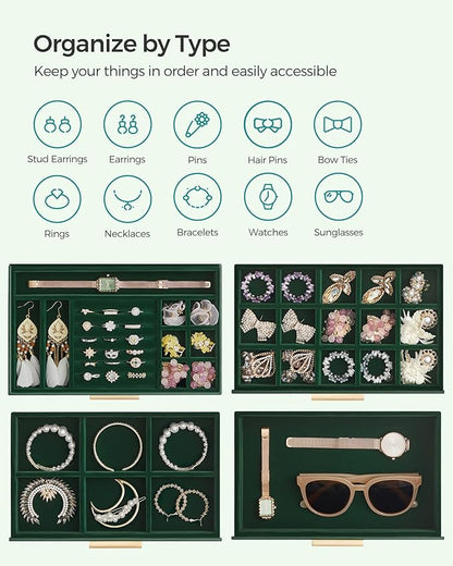 SONGMICS Jewelry Box Organizer with Glass Lid, 4-Layer Jewelry Storage, with 3 Drawers, Modern Style, 6 x 9.9 x 8.5 Inches, Forest Green and Gold Color UJBC161G01