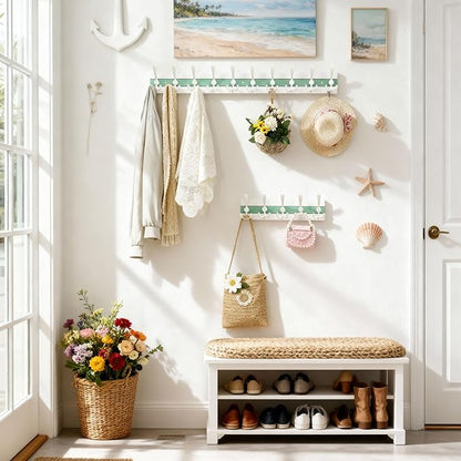 SKOLOO Coastal Coat Rack Wall Mount-38-1/8 Beach House Entryway Wooden Coat Hook with 10 Hooks for Hanging Coats, Hats or Towels, Oceanfront Cottage Core Collection, White & Green, Pack of 2