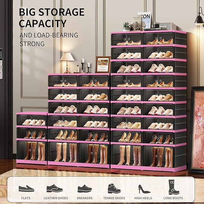 CIMLORD 6-Tier Foldable Shoe Rack Organizer for Closet,12 Pairs Collapsible Plastic Shoe Shelf,Clear Stackable Shoe Storage Boxes with Door Easy Assembly,Shoe Cabinet with Lids Large（Black-pink）