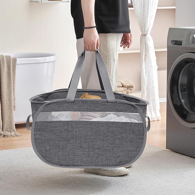 Collapsible Laundry Baskets, Foldable Tear Proof Pop Up Hamper with Reinforced Carry Handles, Durable Laundry Hamper for Home, Laundry, Bathroom, Dorm or Travel (Grey,2 Pack)