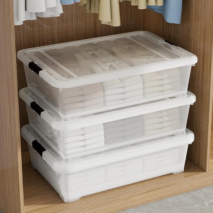Minekkyes 3 Packs 50 QT Plastic Under Bed Storage Bins with LatchLids, Underbed Storage Containers with Wheels for Closet Organizers