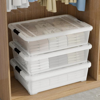 Minekkyes 3 Packs 50 QT Plastic Under Bed Storage Bins with LatchLids, Underbed Storage Containers with Wheels for Closet Organizers