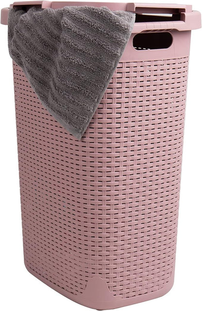 Mind Reader Slim Laundry Hamper with Lid, 60L Clothes Basket, Premium Wicker Design, Plastic, Pink