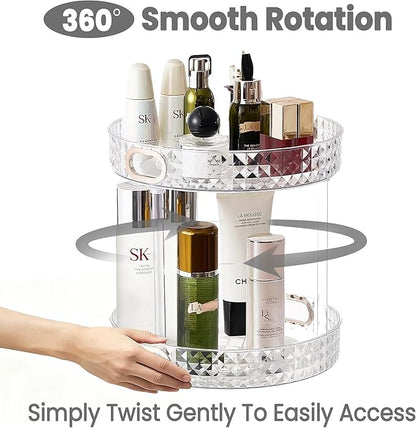 HsaExtriva 360 Rotating Makeup Organizer for Vanity, 2 Tier Diamond Patterned Perfume Organizer for Women, Large Capacity Skincare Lotion Cosmetic Storage Dresser Bathroom Countertop Lazy Susan, Clear
