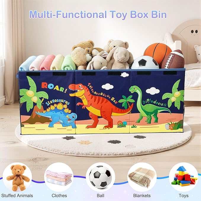 Unicorn Castle Toy Box with Adjustable Divider Toy Chest Storage Large Toy Storage Organizer Bin Collapsible with Lid Pockets for Nursery Playroom,Dark Blue Dinosaur