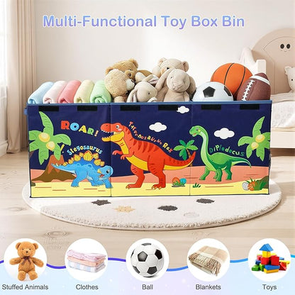 Unicorn Castle Toy Box with Adjustable Divider Toy Chest Storage Large Toy Storage Organizer Bin Collapsible with Lid Pockets for Nursery Playroom,Dark Blue Dinosaur
