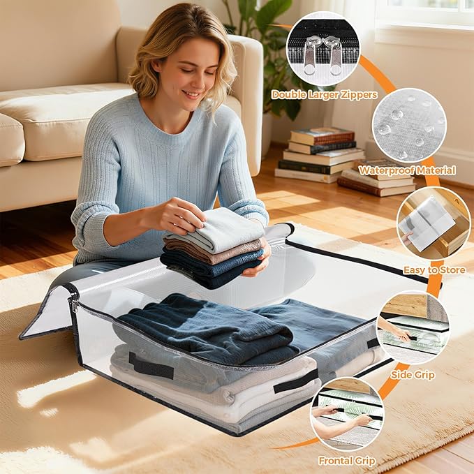 EdenDwell 2 Pack Under Bed Storage Bags, 60L Foldable Clear Storage Containers with Handles, Dual Zippers for Comforter, Clothes, Bedding, Linen Sheets, Sweaters, Blanket Storage