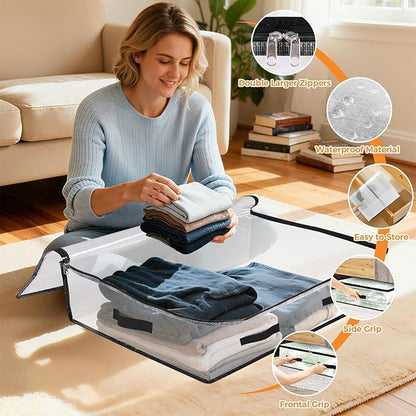 EdenDwell 2 Pack Under Bed Storage Bags, 60L Foldable Clear Storage Containers with Handles, Dual Zippers for Comforter, Clothes, Bedding, Linen Sheets, Sweaters, Blanket Storage