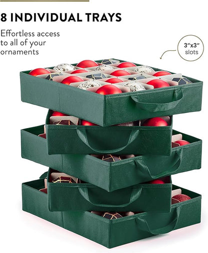 ZOBER Christmas Ornament Storage Box - Stores 200 3" Ornaments with Individual Trays - Tear Proof 600D Oxford Fabric - ornament organizer storage box, Durable Christmas Containers Holder - Green