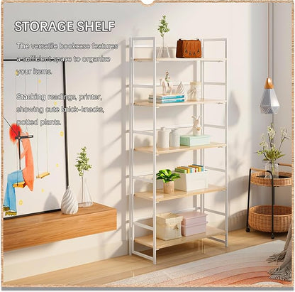 4NM No Assembly 5 Tiers Collapsible Book Shelves, 51.2" H Folding Bookshelf Bookcase Open Industrial Foldable Shelves for Bedroom, Living Room, Home Office - Natural White
