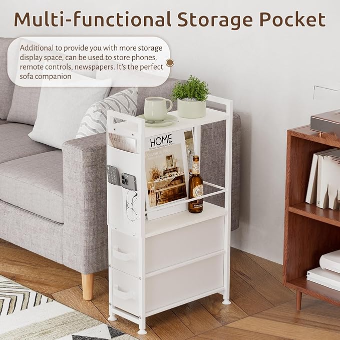 2 Drawer Small Narrow Side End Table for Small Spaces, Slim Nightstand Bedside Sofa Table with Wheels, Space Saving Skinny Thin Couch Desk with Storage Bag for Bedroom Living Room Bathroom,White