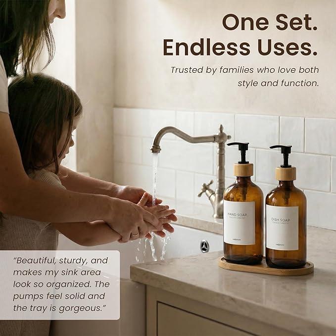 Maisonovo Glass Soap Dispenser Bathroom Set | Hand Soap and Dish Soap Dispenser Set | 16.9oz Amber Bottles with Black Bamboo Pump | Bathroom Lotion Dispenser with Pump Set of 2