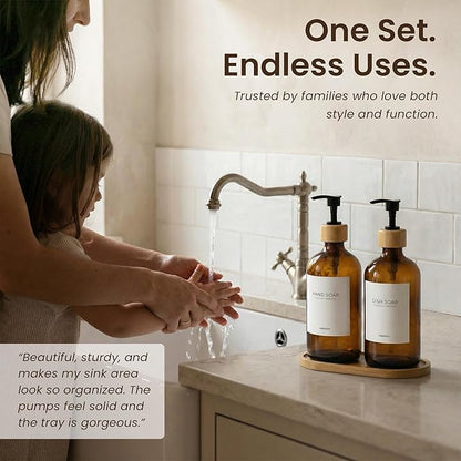 Maisonovo Glass Soap Dispenser Bathroom Set | Hand Soap and Dish Soap Dispenser Set | 16.9oz Amber Bottles with Black Bamboo Pump | Bathroom Lotion Dispenser with Pump Set of 2