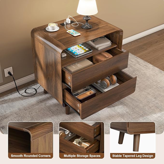 Nasonet Night Stand Set of 2 with Charger Station, Mid Century Modern Nightstand with 2 Drawers, Wood Bedside Table for Bedroom, Curved Beveled Design, Walnut