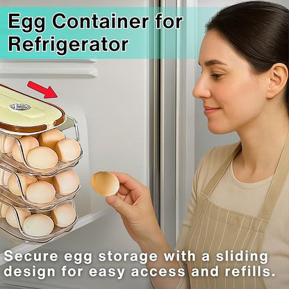 3-Tier Egg Dispenser for Refrigerator, Rolling Egg Organizer with Time Tracker, Stackable BPA-Free Egg Container Holds 42 Eggs, Fresh Egg Holder for Countertop Storage