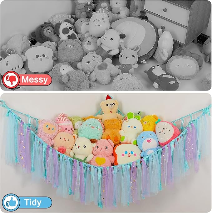 FIOBEE Stuffed Animals Net or Hammock with LED Light, Toy Hammock Hanging Stuffed Animals Storage Organizer Holder Room Décor for Nursery Kids Bedroom