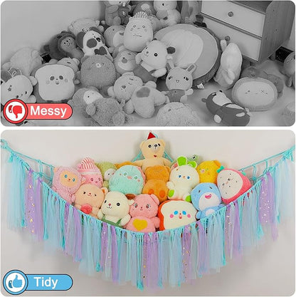 FIOBEE Stuffed Animals Net or Hammock with LED Light, Toy Hammock Hanging Stuffed Animals Storage Organizer Holder Room Décor for Nursery Kids Bedroom