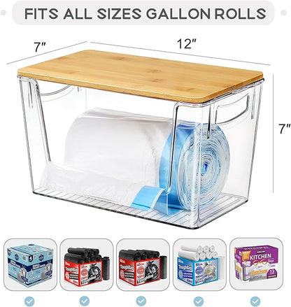 Pantry Organizers Storage, 2 Pack Under Sink Organizer Trash Bag Holder with Bamboo Lids Large Capacity Clear Storage Bins for Onion, Potato, Garlic, Canned Food Kitchen Countertop Organizer