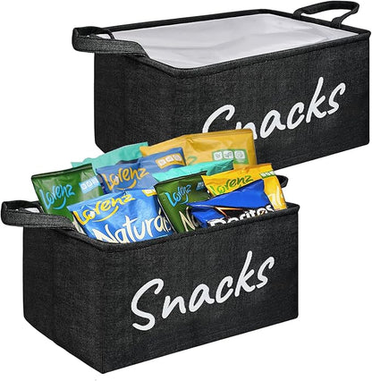 2PCS Snack Bin for Pantry - Snack Storage Basket Organizer for Storing Chips, Cookies, Pretzels, Popcorn and more - Kitchen Organization (Black)