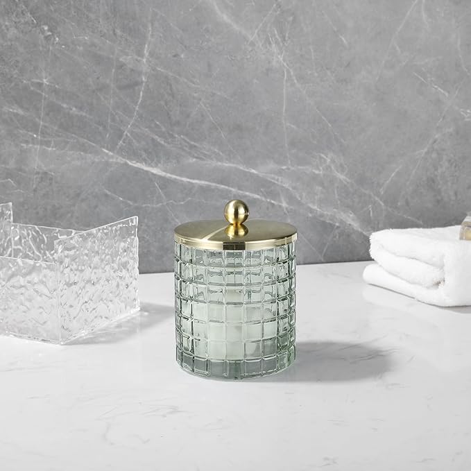 Indecor Home Sage Colored Tranlucent Apothecary Etched Geometric Grid Glass Jar W/Gold Metal Lid Cover for Bathroom Organization, Cotton Balls, Q Tips, and Small Accessories, Bathroom Storage