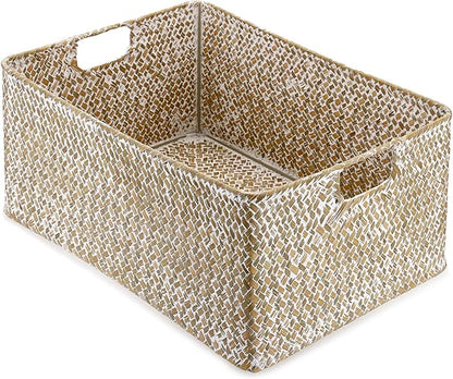 Hipiwe Seagrass Storage Basket Bin Rectangular Handwoven Wicker Storage Box with Handle Opened Baskets Box for Shelf Organizing Closet Bathroom, 15.7" L x 11.8" W x 7.5" H