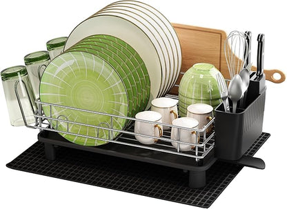 BOOSINY Grey Stainless Steel Dish Drainers Drying Rack for Kitchen Counter with Drainboard, Rust Proof Metal, Space Saving, Modern Aesthetic, Compact Plates Strainers with Extra Mat