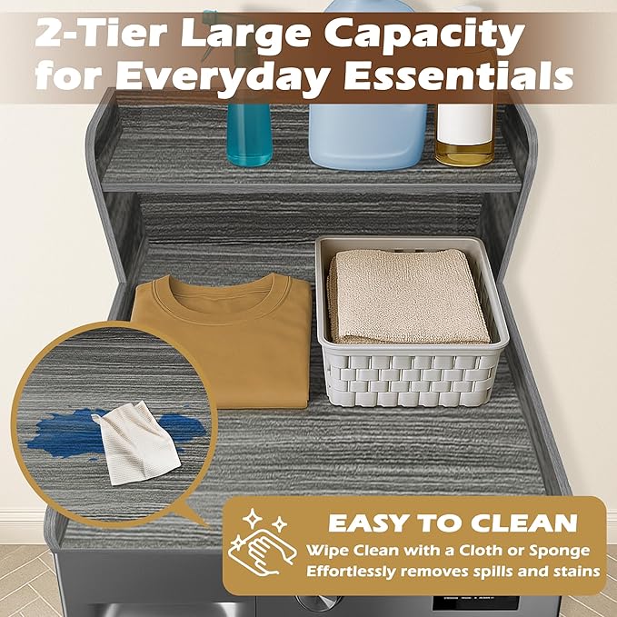 Royxen Washer Dryer Countertop with Shelf,2-Tier Laundry Countertop for Single Washer and Dryer,Soild Wood Core Washer Dryer Topper for Laundry Room Organization (Eucalyptus)