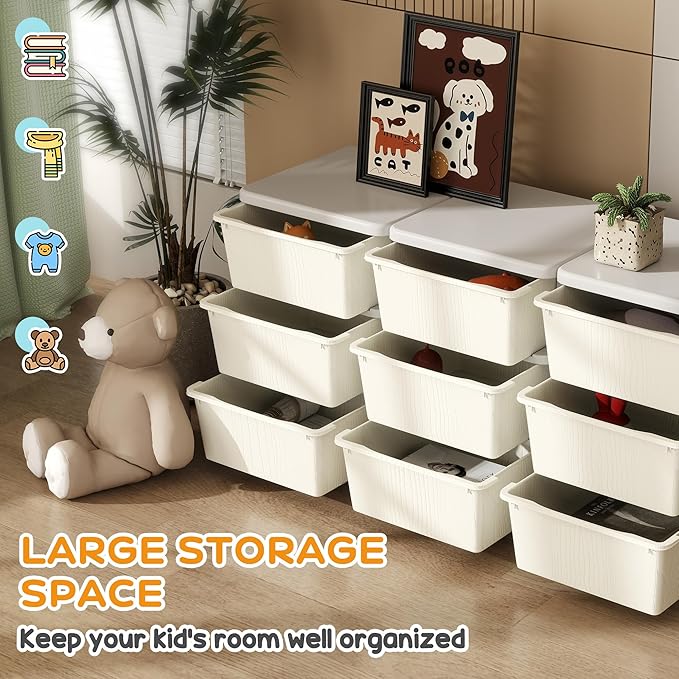 Qaba 3 Tier Kids Storage Unit, Toy Organizers and Storage with 9 Drawer Chest for Kids Bedroom Nursery Kindergarten Living Room for Boys Girls Toddlers, Cream White
