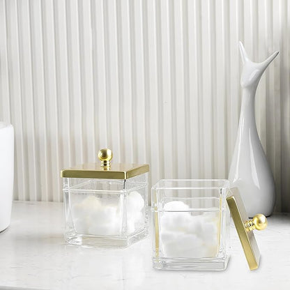 Indecor Home Glass Cotton Jar Holder 2 Pack– Brushed Gold Lid, Elegant Bathroom Storage Canister for Qtips, Cotton Balls, Floss, Makeup Organizer, Vanity & Bathroom Organization